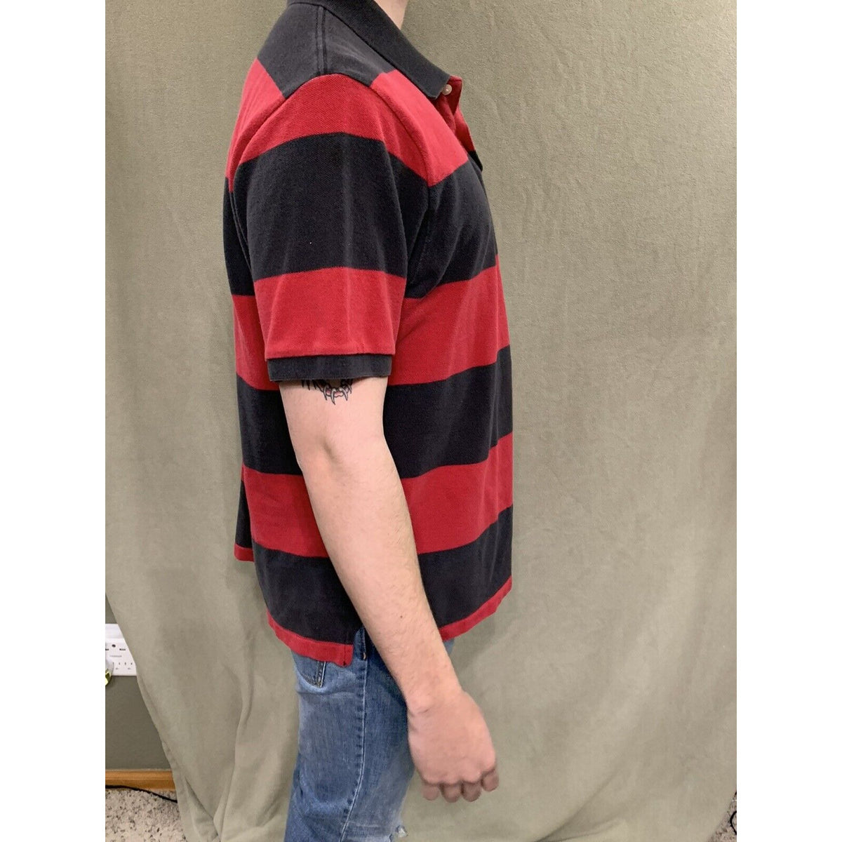 Mens American Eagle Logo Red & Black Striped  Polo Short Sleeve Shirt Large