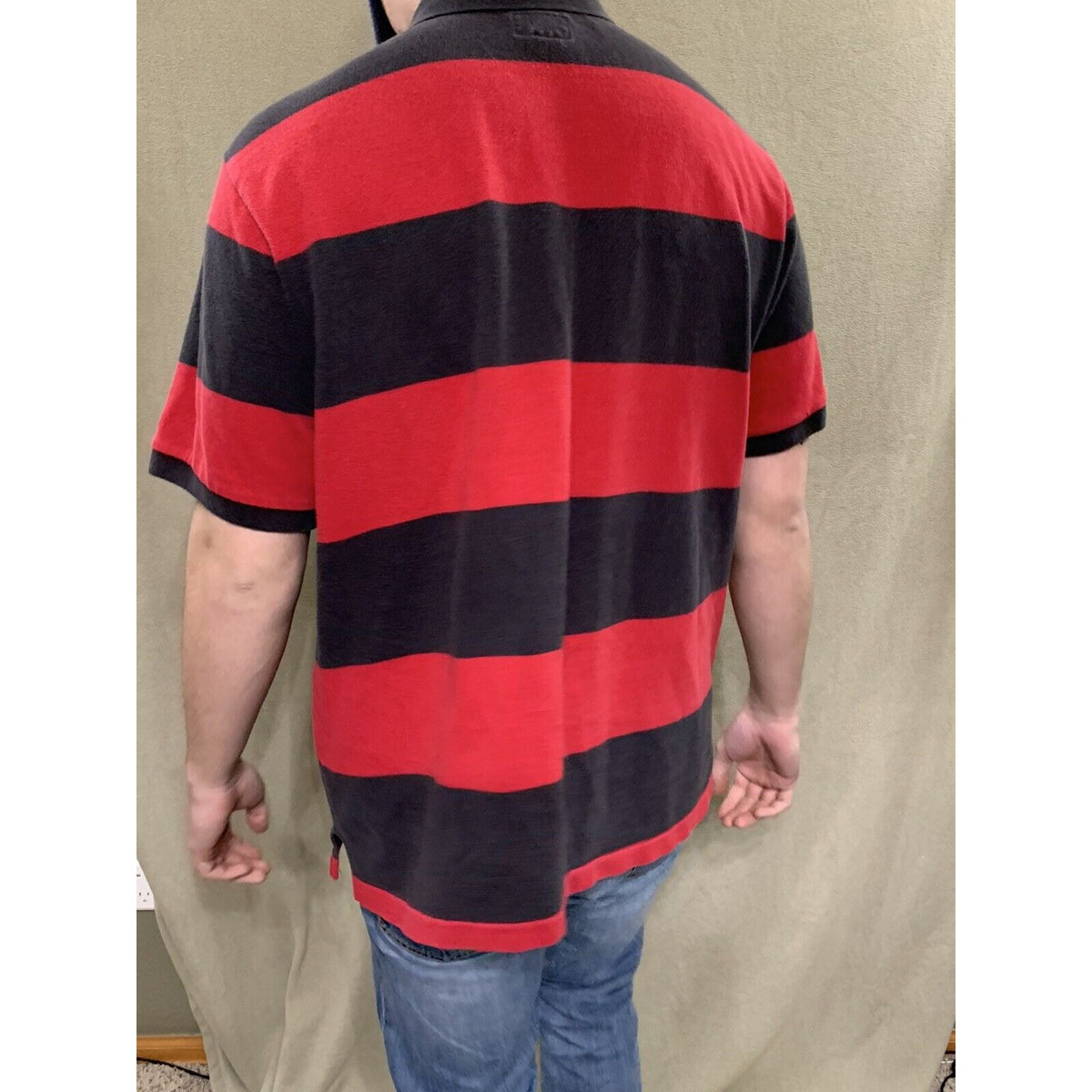 Mens American Eagle Logo Red & Black Striped  Polo Short Sleeve Shirt Large