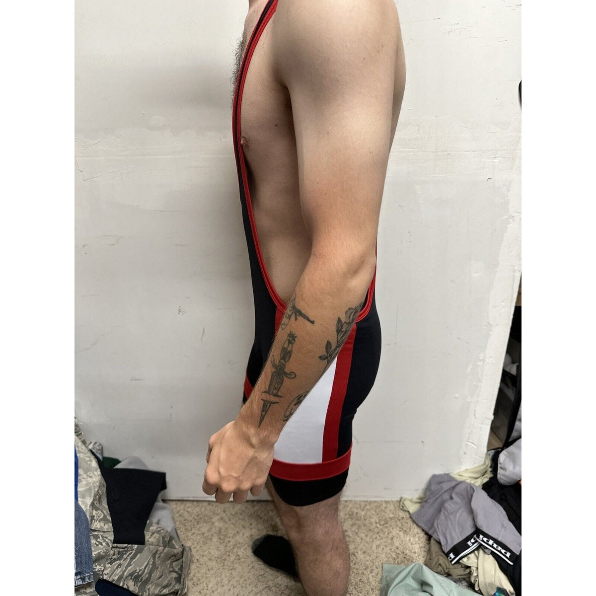 Men’s Tauwell Wrestling Singlet Black And Red With White Large