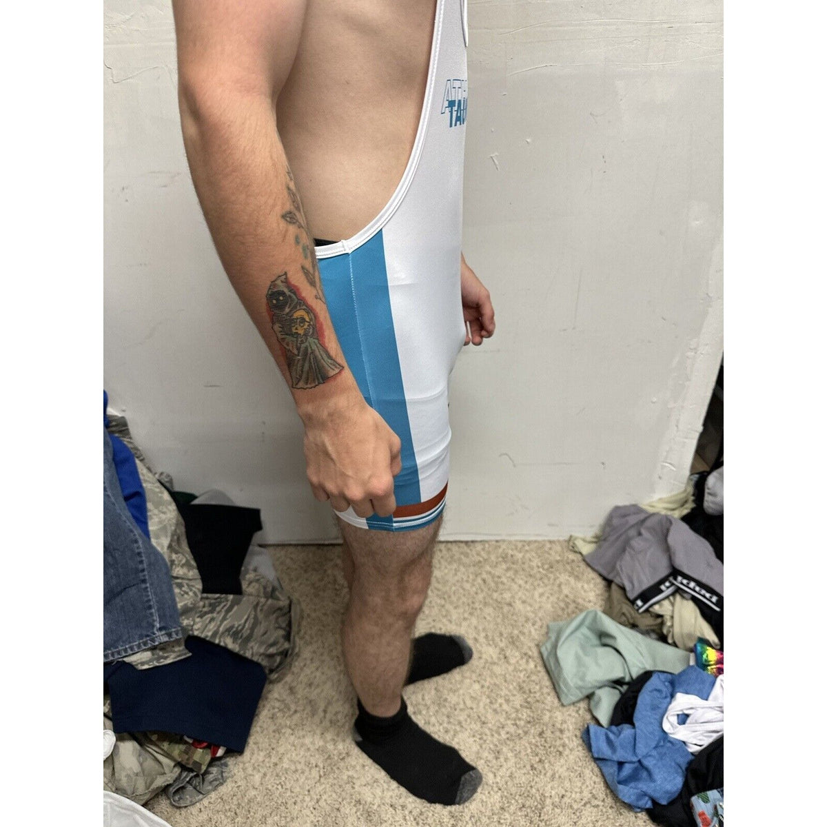Men’s Tauwell White And Aqua Wrestling Singlet Large
