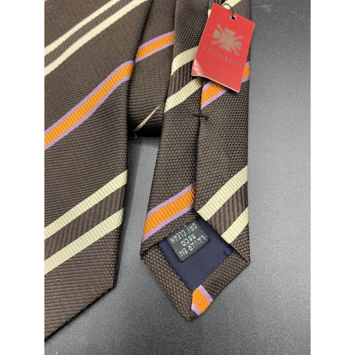 NWT Olimpo Tie Brown with Cream And Orange  Pattern 100% Silk Made in Spain