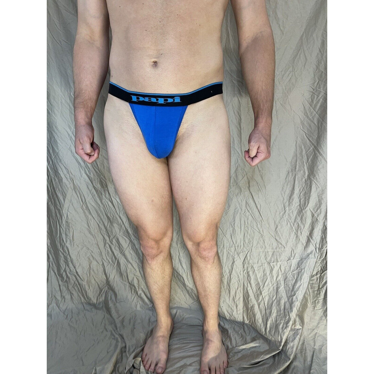 men's papi Royal Blue Thong with Aqua lettering Medium